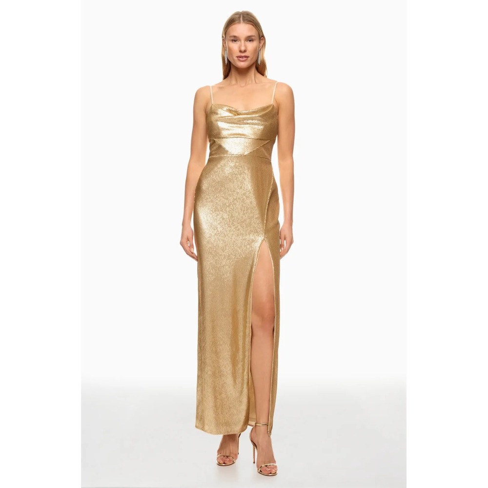 Liv Foster Ciara Gold Sequin Cowl Neck Maxi Gown Dress Slit Formal Evening